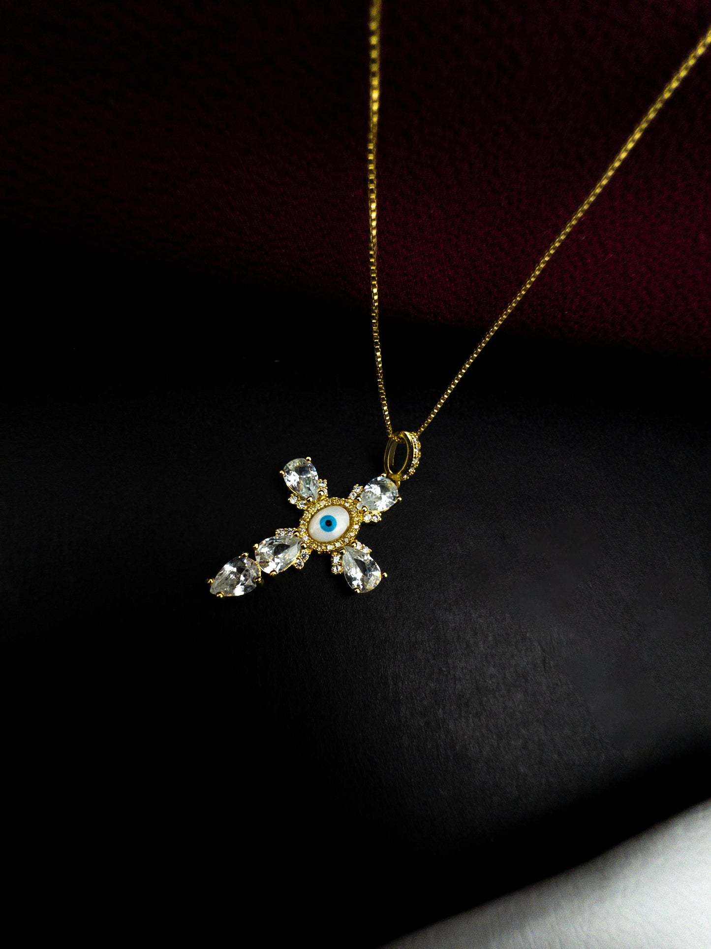 Colar Cruz Olho Grego 60cm - Banhado a Ouro 18k