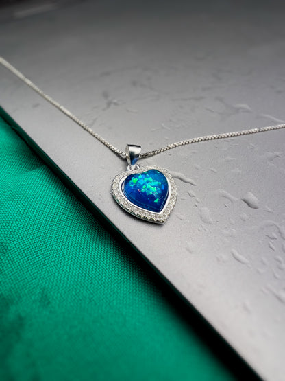 Pingente de Pedra Opala Azul Coração - Prata 925
