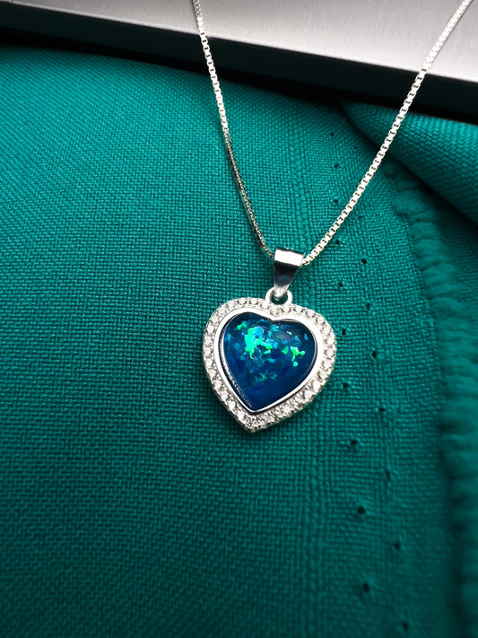 Pingente de Pedra Opala Azul Coração - Prata 925