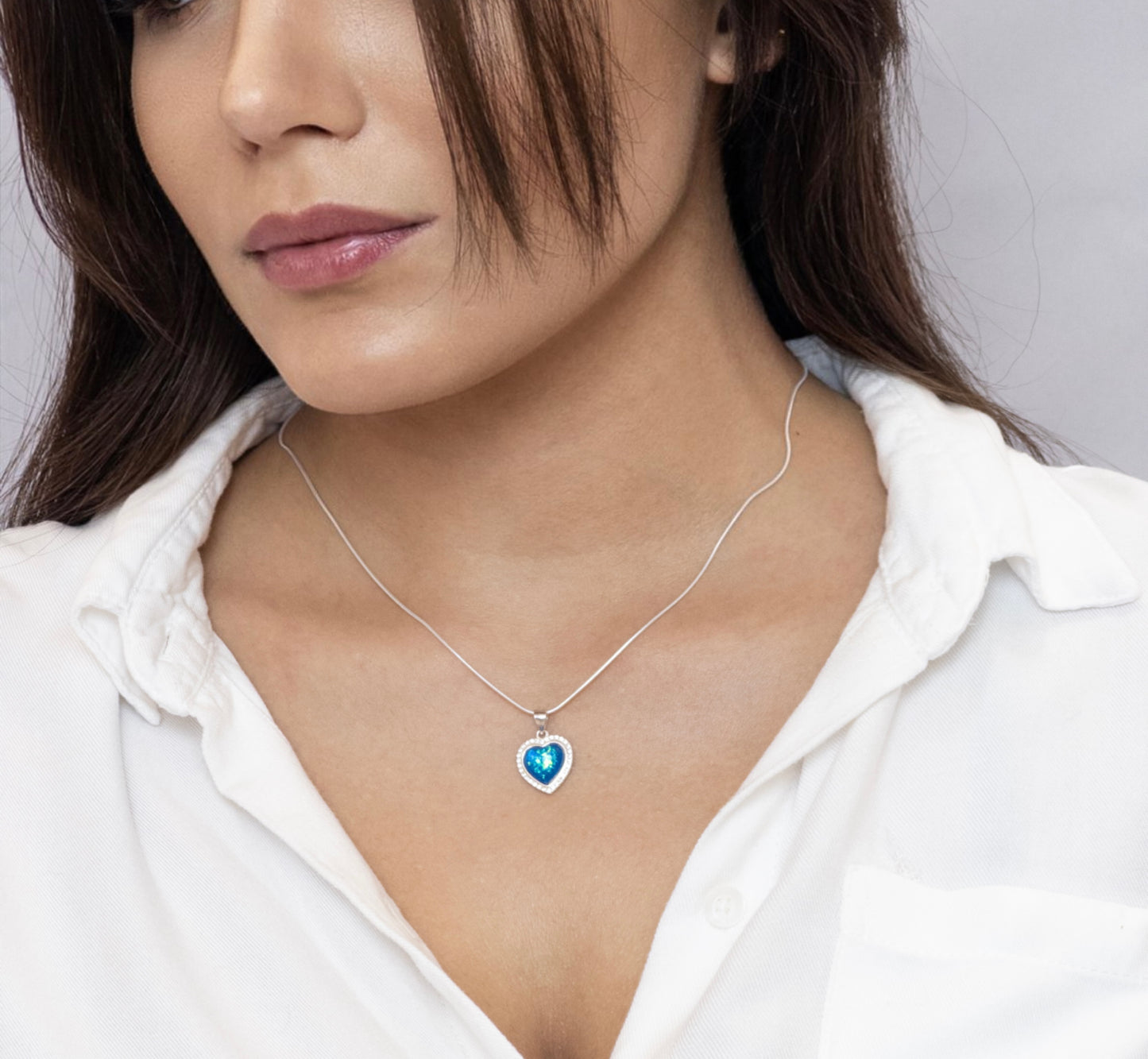 Pingente de Pedra Opala Azul Coração - Prata 925